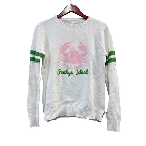 Pink Pineapple Sweaters - Pink Pineapple Pawleys Island White Sweater With Pink Crab & Green Stripes